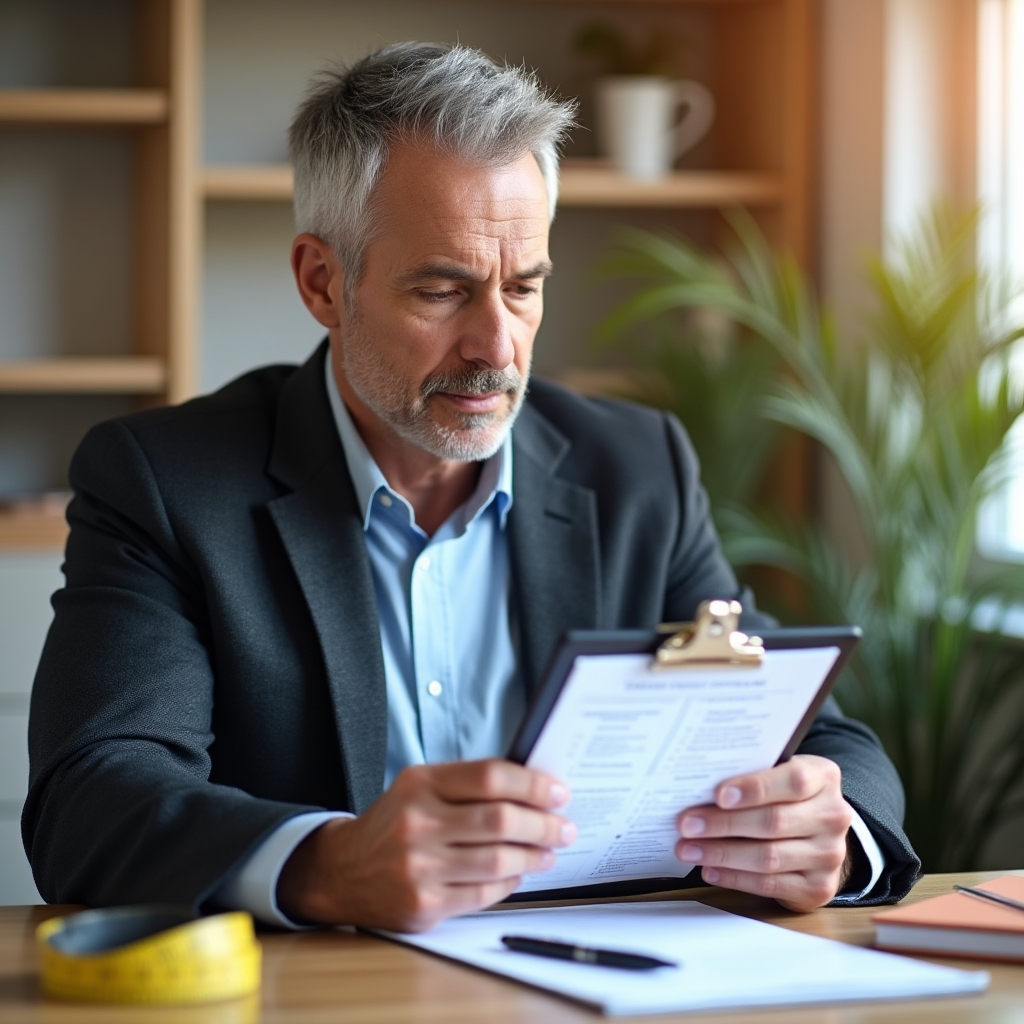 Professional organizer reviewing notes and a checklist on a clipboard while preparing for a home office assessment visit