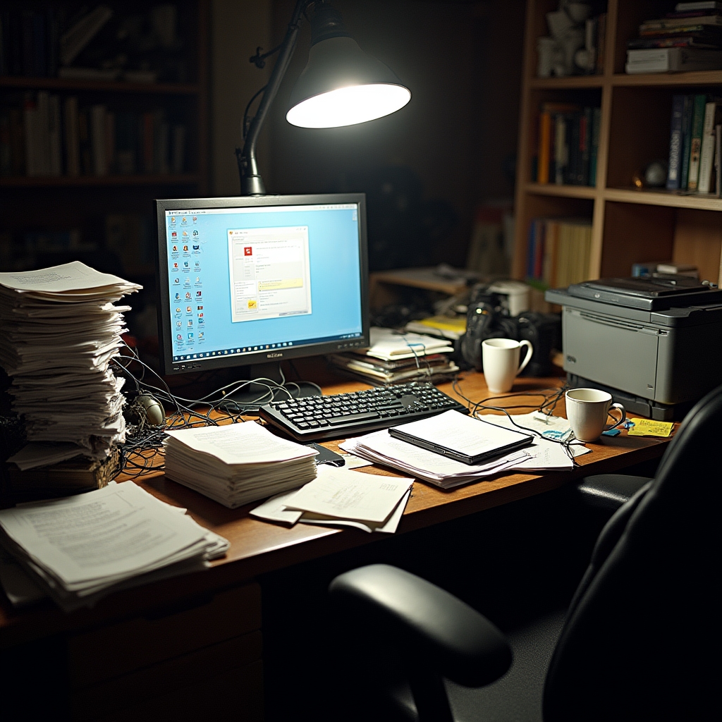 Cluttered home office with papers, cables, and disorganized items on a desk