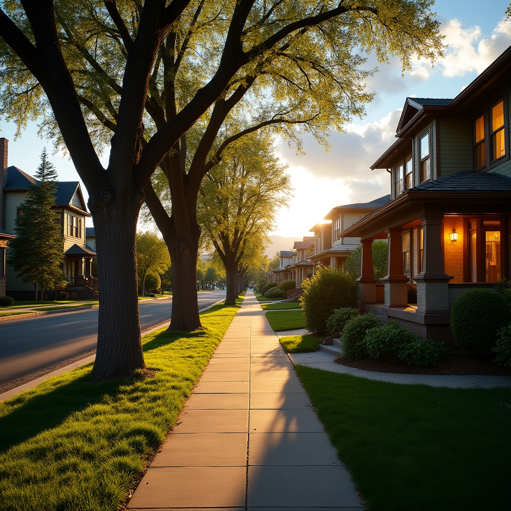 Modern residential neighborhood in Denver, Colorado with tree-lined streets and home offices visible through windows