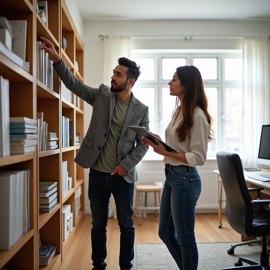 Professional organizer and client reviewing workspace progress during a 30-day follow-up check-in