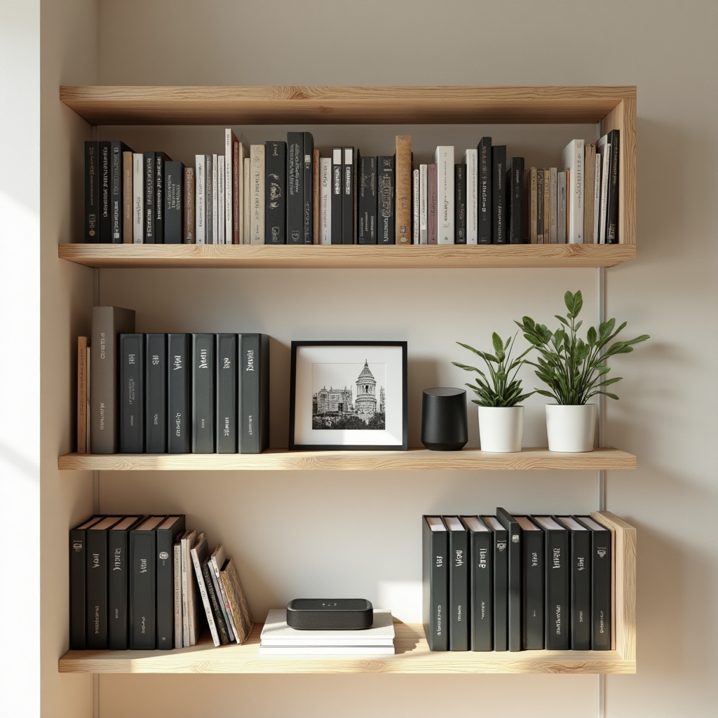 Neatly organized bookshelf in a home office with labeled binders, plants, and minimal decorative items