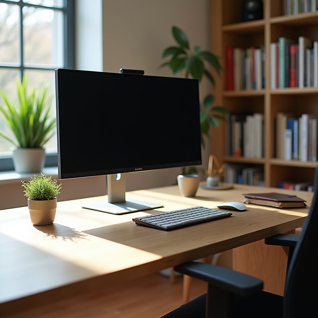 Clean, organized home office desk with minimal setup and natural lighting