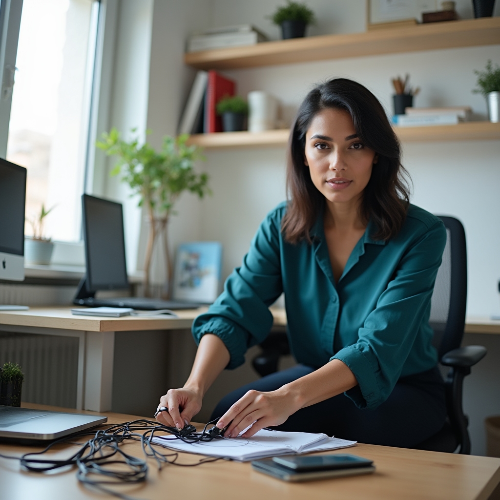 Professional organizer arranging desk items and cable management during a home office organization session