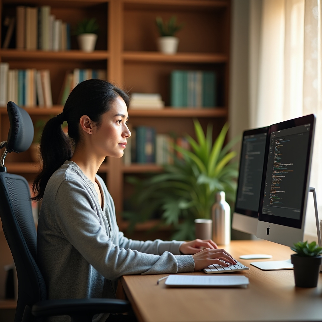 Remote worker seated at a well-organized home office desk, focused on work with good natural light and clean surroundings